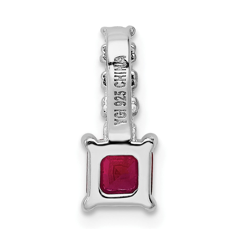 Sterling Silver Rhodium-Plated Created Ruby And Cz Square Pendant