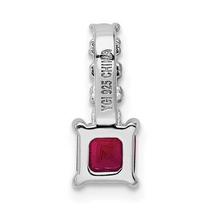 Sterling Silver Rhodium-Plated Created Ruby And Cz Square Pendant