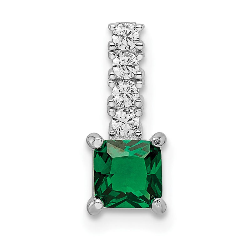 Sterling Silver Polished Rhodium-Plated Green & Clear Cz Square Pendant