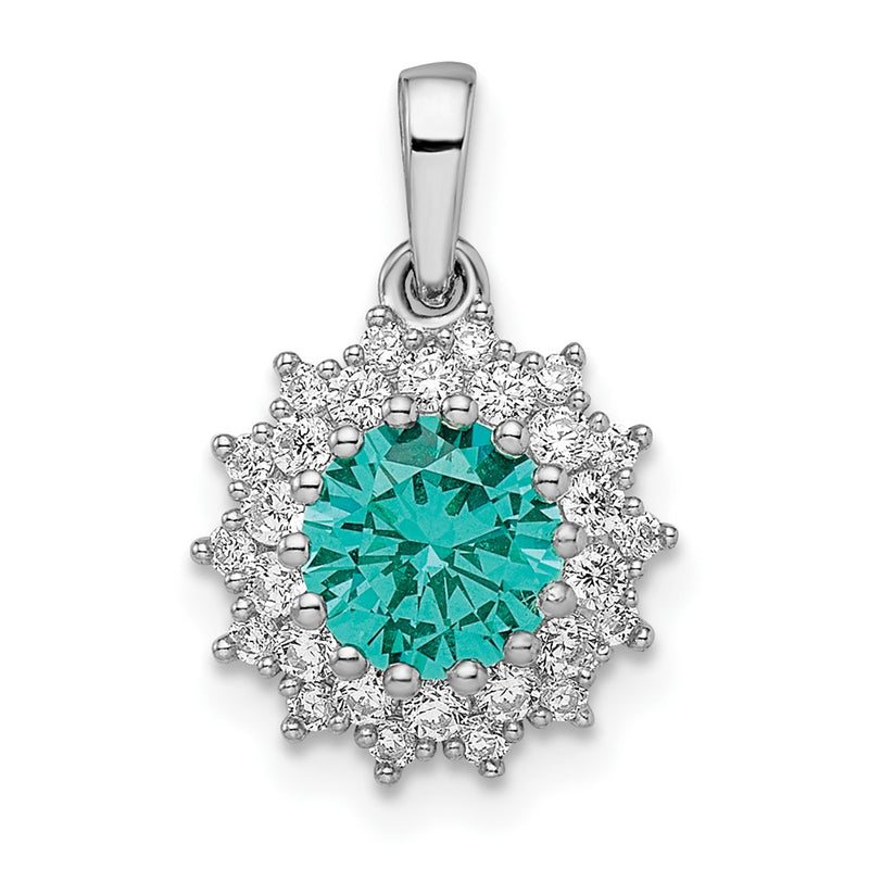 Sterling Silver Rhodium Plated Teal & White Cz Pendant