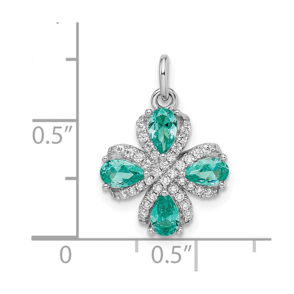 Sterling Silver Rhodium Plated Teal & White Cz Pendant