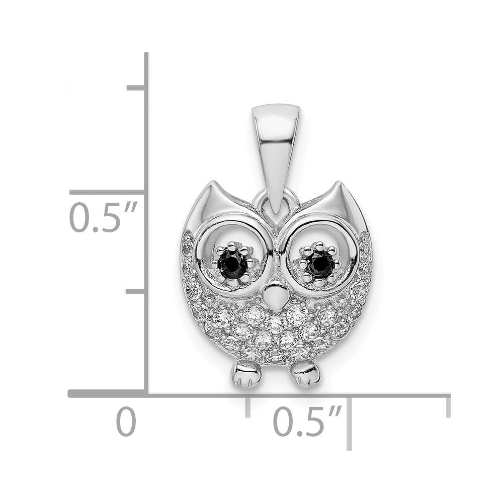 Sterling Silver Rhodium-Plated Black & White Cz Owl Pendant