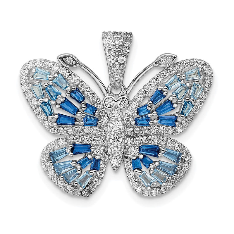Sterling Silver Rhodium-Plated Polished Blue & White Cz Butterfly Pendant
