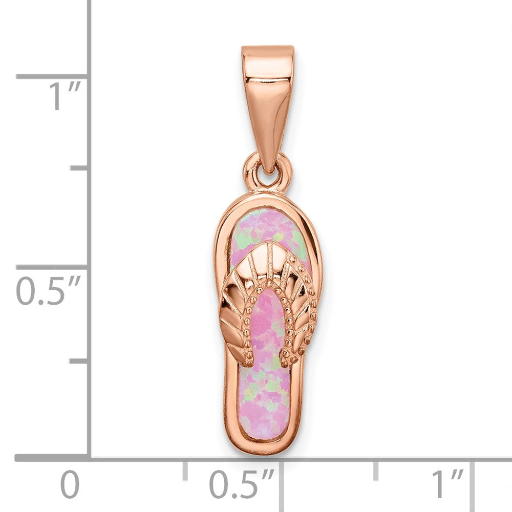 Sterling Silver Rose-Tone Polished Pink Created Opal Inlay Flip Flop Pendan