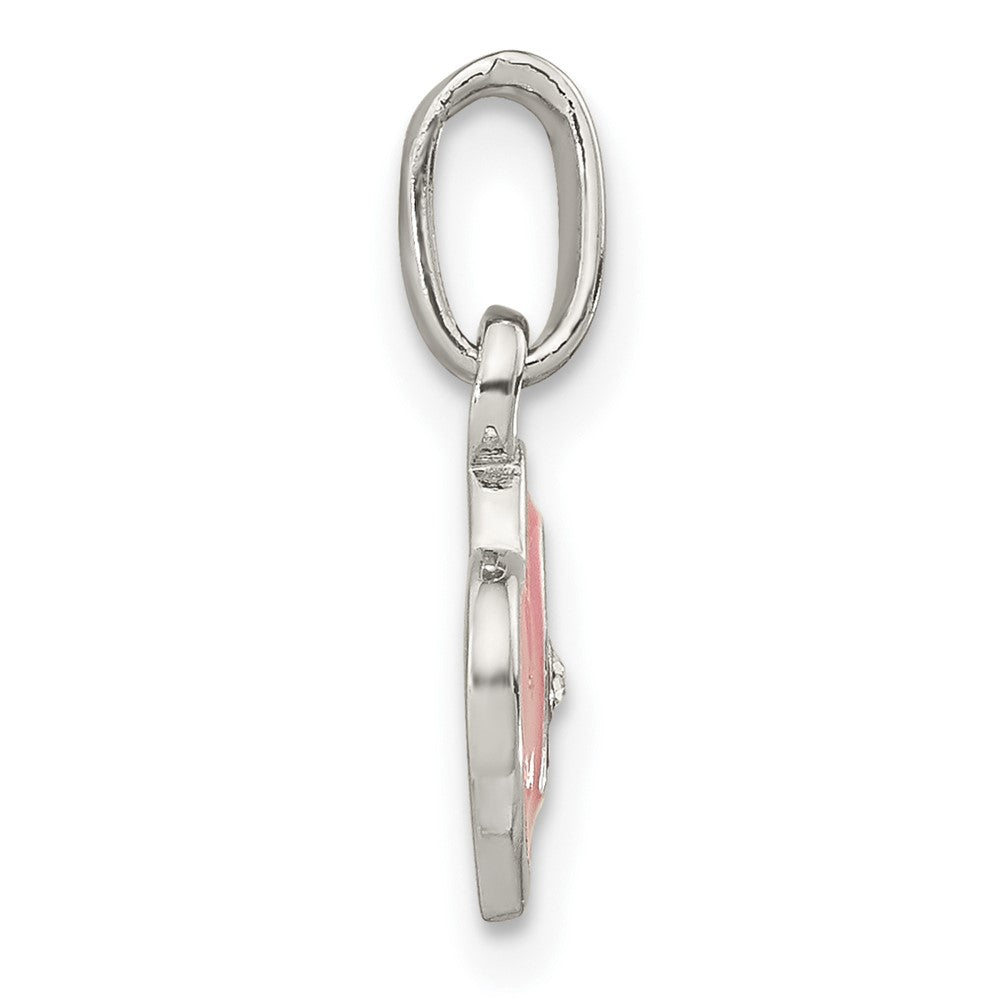 Sterling Silver Rhodium-Plated Pink Enamel Cz Double Heart Pendant