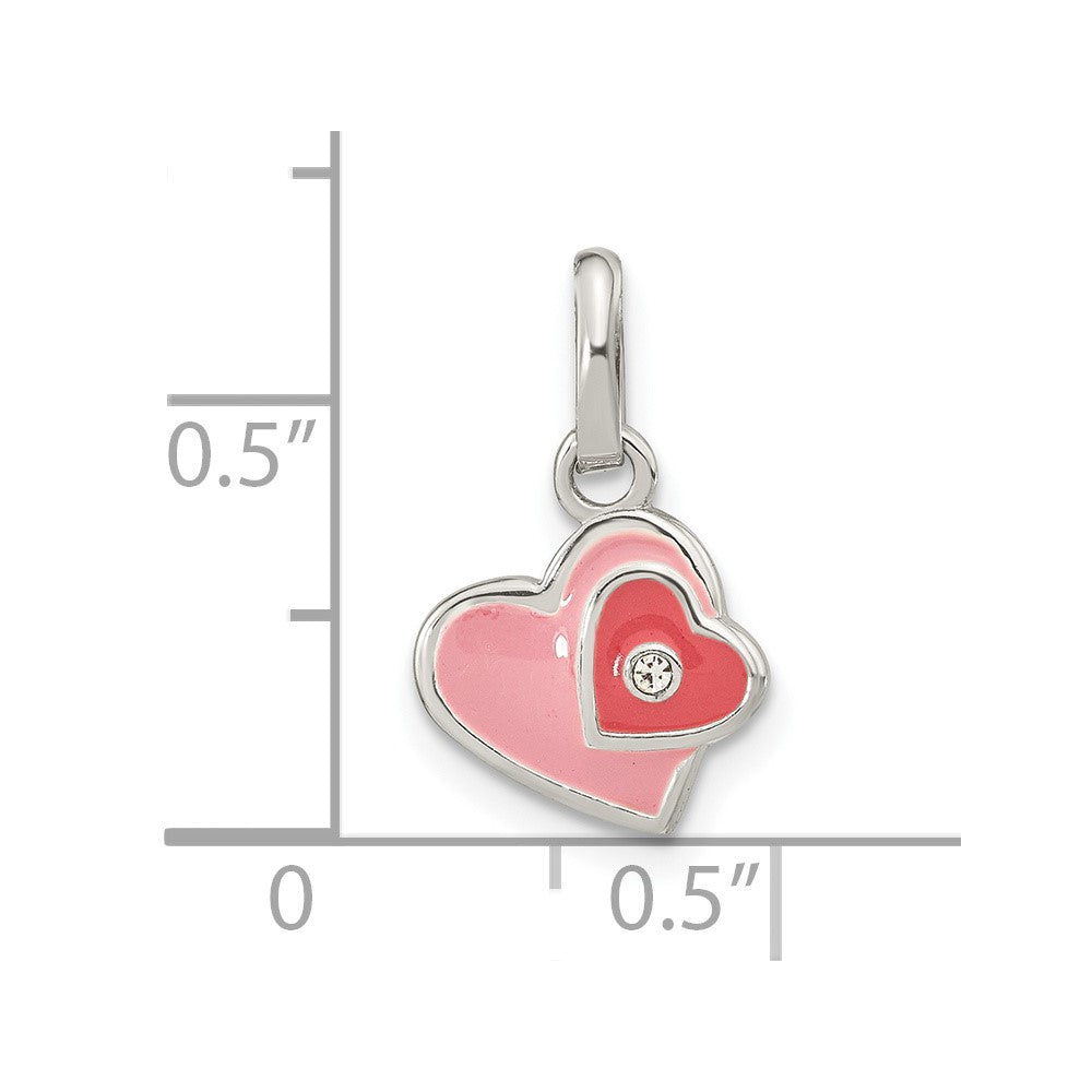 Sterling Silver Rhodium-Plated Pink Enamel Cz Double Heart Pendant