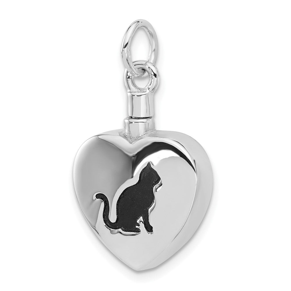 Sterling Silver Rhodium-Plated Enamel Heart with Cat Ash Holder Pendant