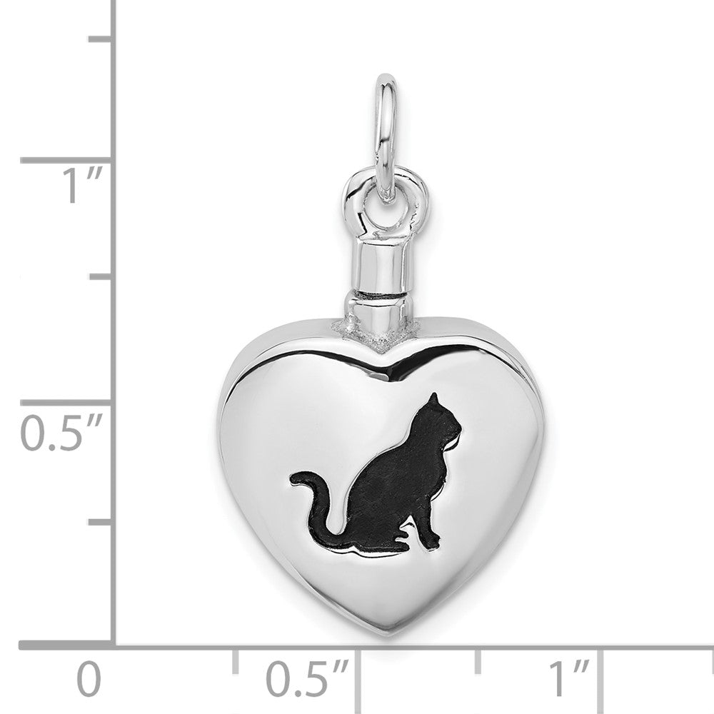 Sterling Silver Rhodium-Plated Enamel Heart with Cat Ash Holder Pendant