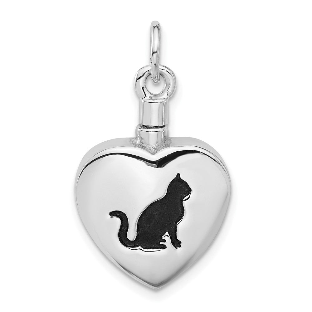 Sterling Silver Rhodium-Plated Enamel Heart with Cat Ash Holder Pendant