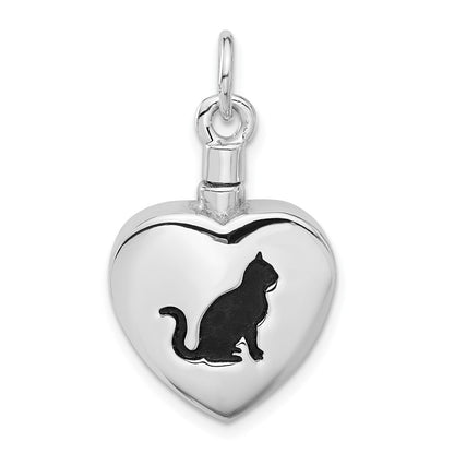 Sterling Silver Rhodium-Plated Enamel Heart with Cat Ash Holder Pendant