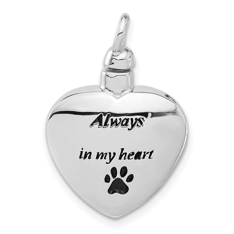 Sterling Silver Rhodium Plated Enamel Heart with Paw Print Ash Holder Pendant