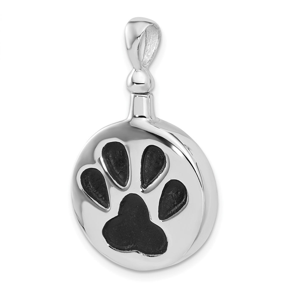 Sterling Silver Rhodium Plated Enamel Round Paw Print Ash Holder Pendant