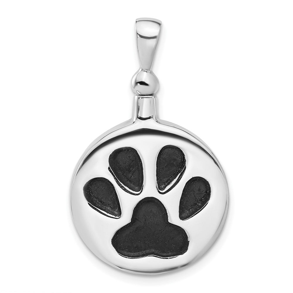 Sterling Silver Rhodium Plated Enamel Round Paw Print Ash Holder Pendant