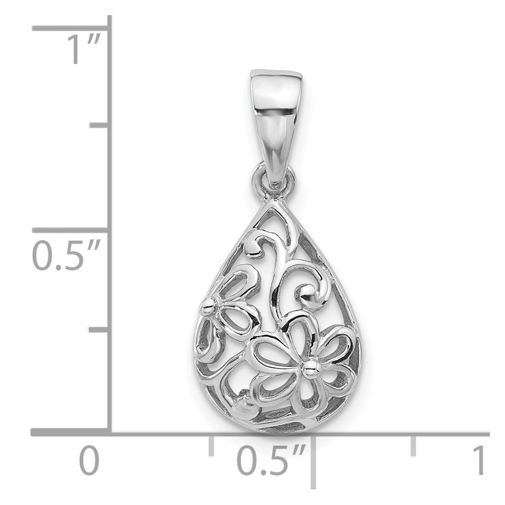 Sterling Silver Rhodium Plated Polished Half Dome Teardrop Filigree Pendant