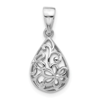 Sterling Silver Rhodium Plated Polished Half Dome Teardrop Filigree Pendant