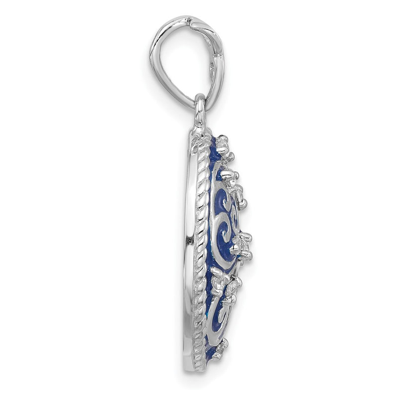 Sterling Silver Rhodium-Plated Polished Swirl Blue Enamel CZ Oval Pendant