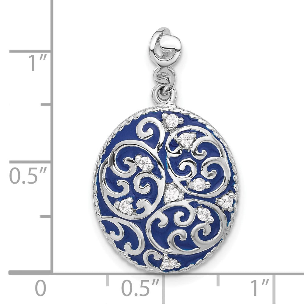 Sterling Silver Rhodium-Plated Polished Swirl Blue Enamel CZ Oval Pendant