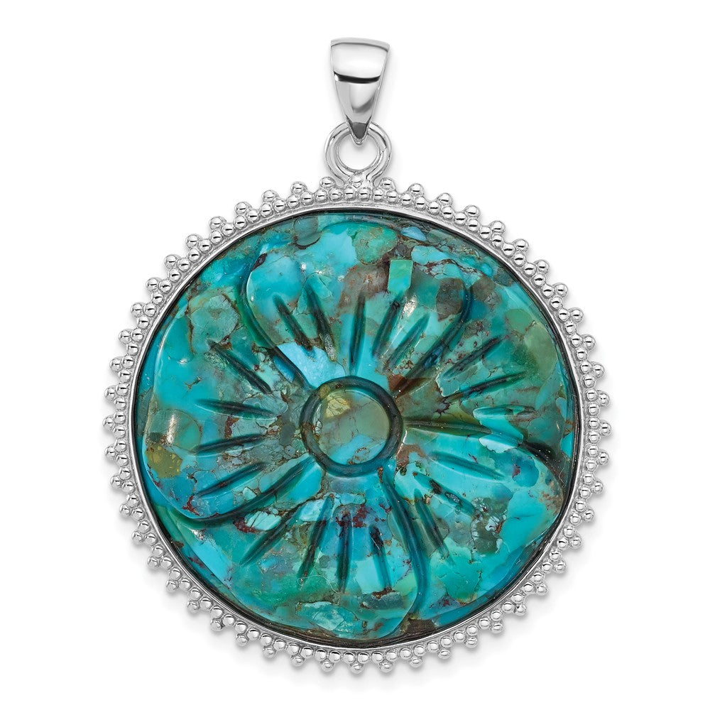 Sterling Silver Rhodium-Plated Reconstituted Turquoise Flower Pendant