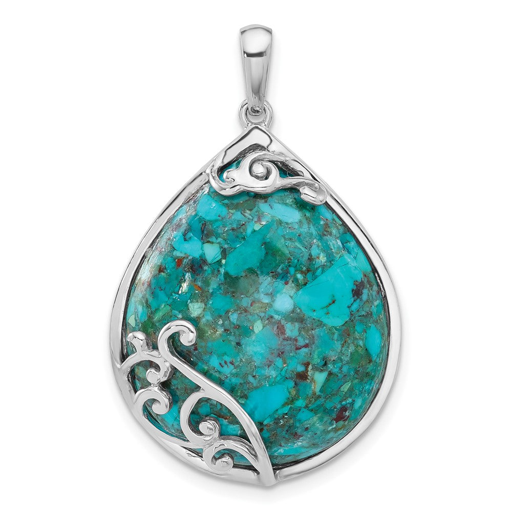Sterling Silver Rhodium-Plated Reconstituted Turquoise Teardrop Pendant