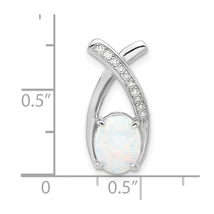 Sterling Silver Rhodium Plated CZ and White Created Opal Chain Slide Pendant