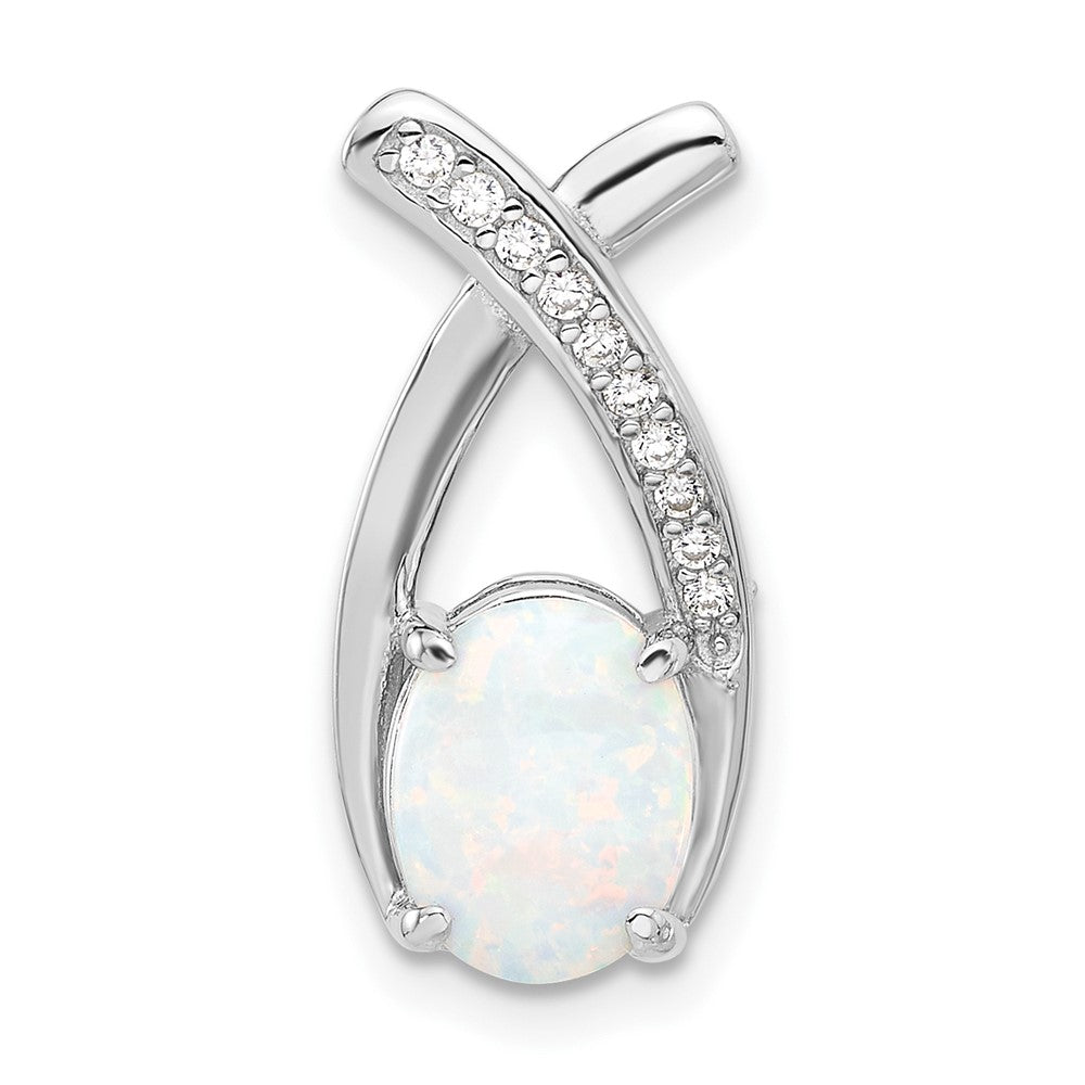 Sterling Silver Rhodium Plated CZ and White Created Opal Chain Slide Pendant