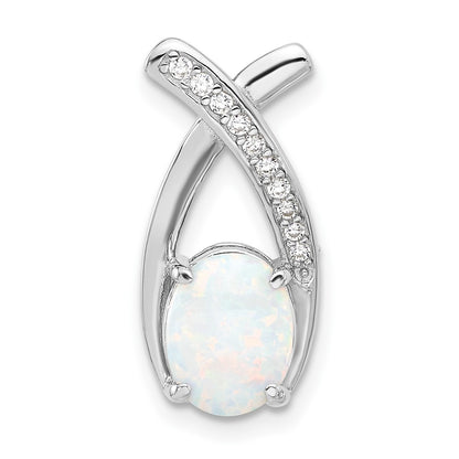 Sterling Silver Rhodium Plated CZ and White Created Opal Chain Slide Pendant