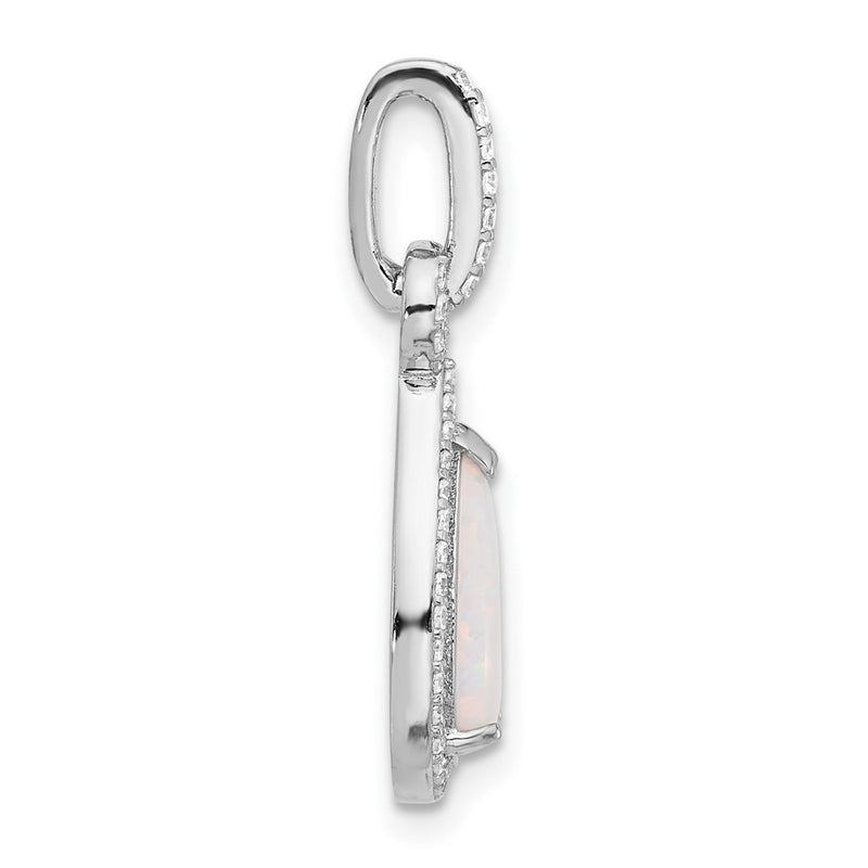 Sterling Silver Rhodium-Plated Created Opal and CZ Teardrop Pendant