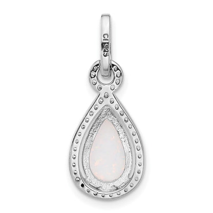 Sterling Silver Rhodium-Plated Created Opal and CZ Teardrop Pendant