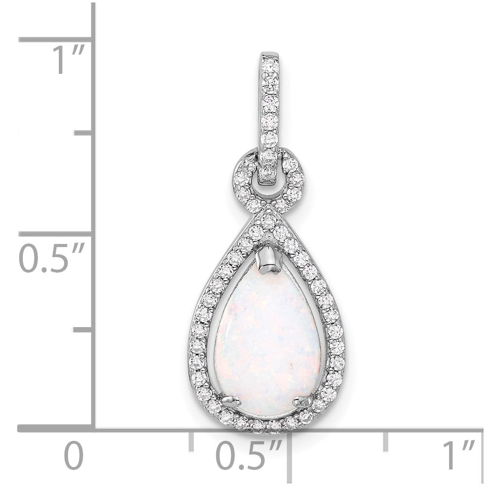 Sterling Silver Rhodium-Plated Created Opal and CZ Teardrop Pendant