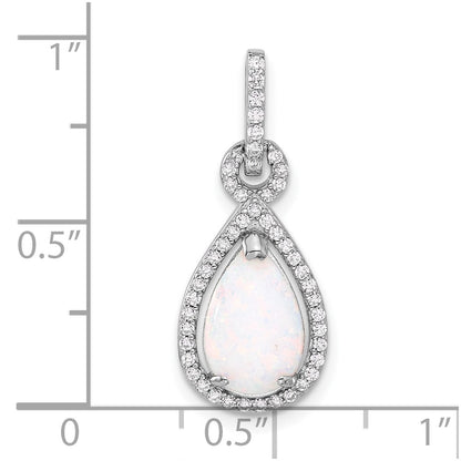 Sterling Silver Rhodium-Plated Created Opal and CZ Teardrop Pendant