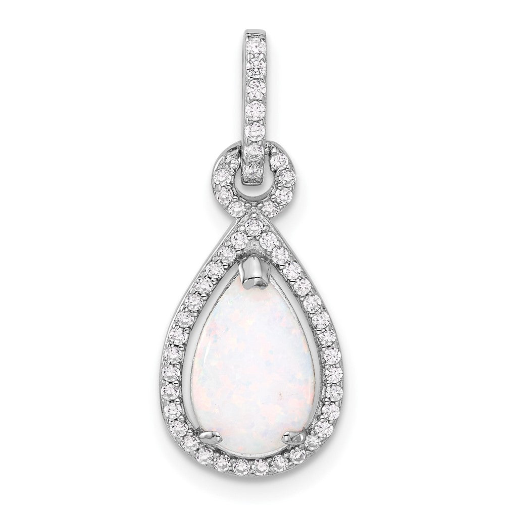 Sterling Silver Rhodium-Plated Created Opal and CZ Teardrop Pendant