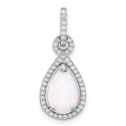 Sterling Silver Rhodium-Plated Created Opal and CZ Teardrop Pendant