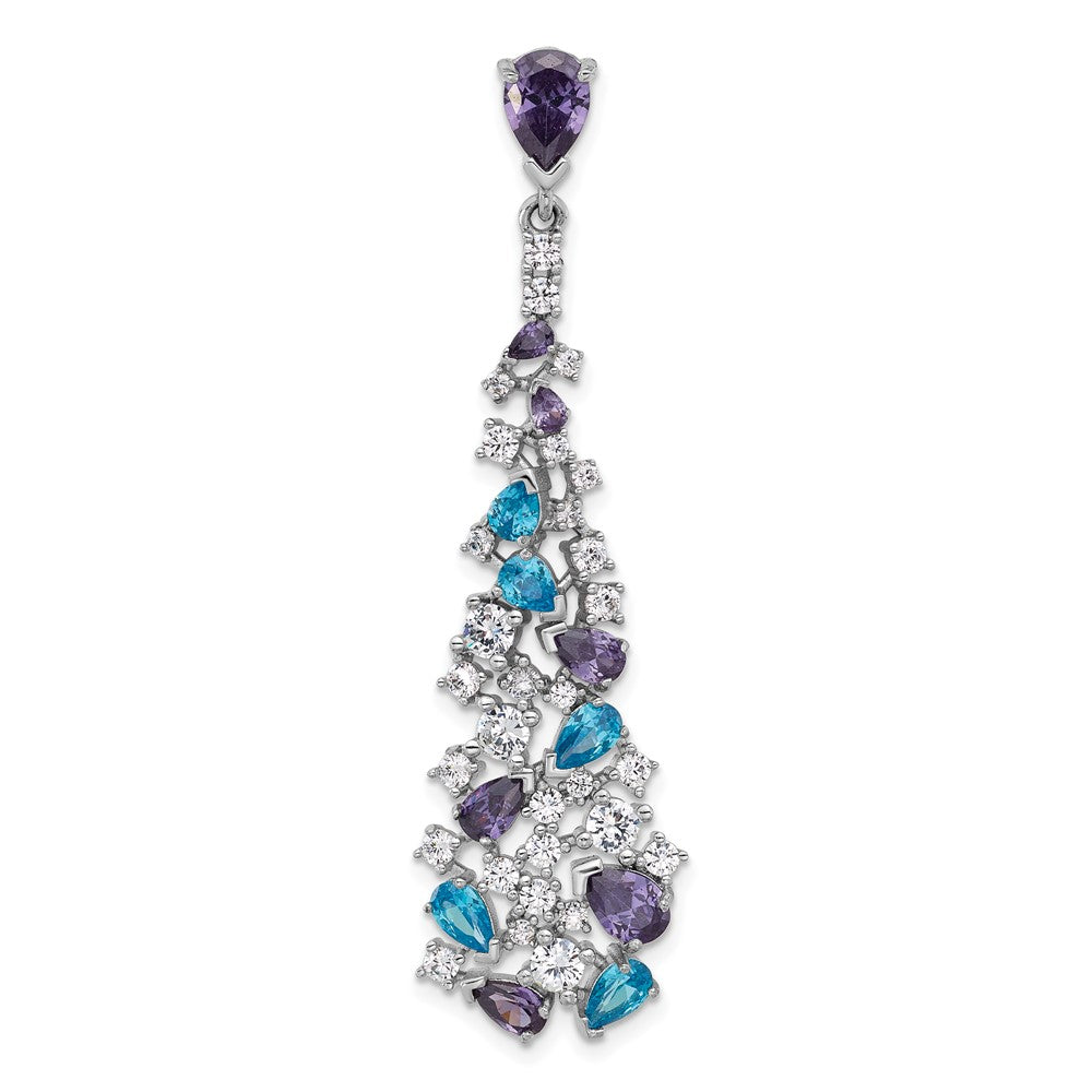 Sterling Silver Rhodium Plated Polished White/blue/purple CZ Teardrop Pendant