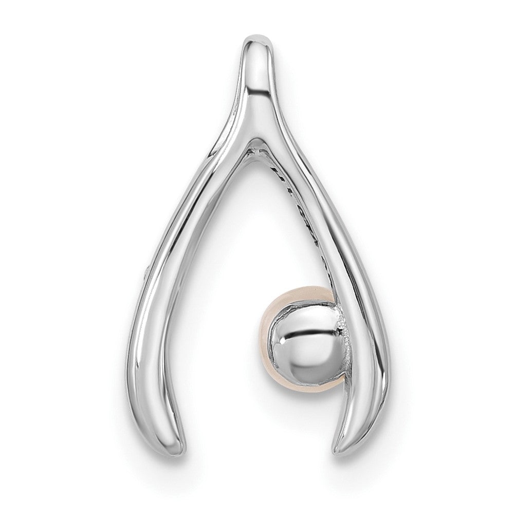 Sterling Silver Rhodium Plated Fwc Pearl/cz Wishbone Chain Slide Pendant