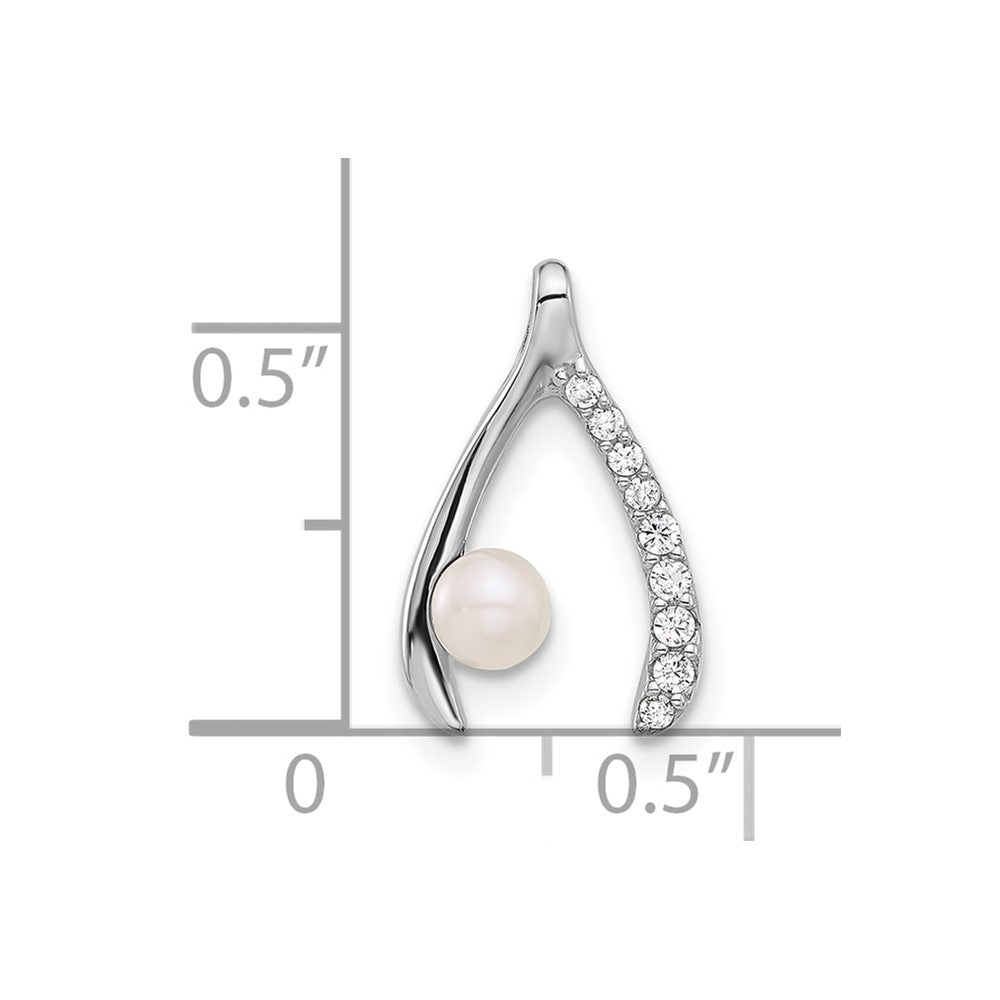 Sterling Silver Rhodium Plated Fwc Pearl/cz Wishbone Chain Slide Pendant