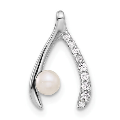 Sterling Silver Rhodium Plated Fwc Pearl/cz Wishbone Chain Slide Pendant