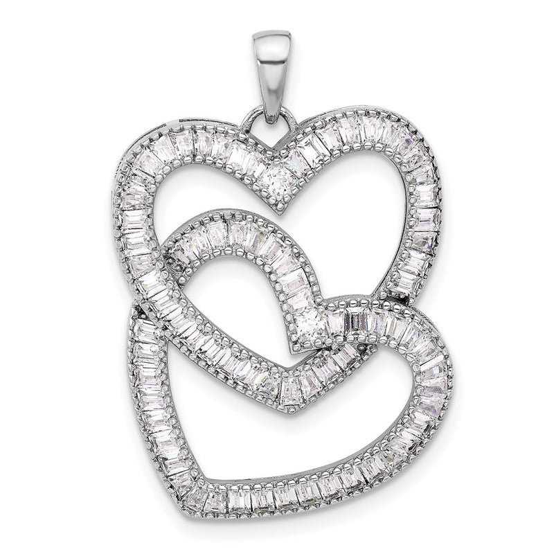 Sterling Silver Rhodium-Plated Intertwined CZ Hearts Pendant