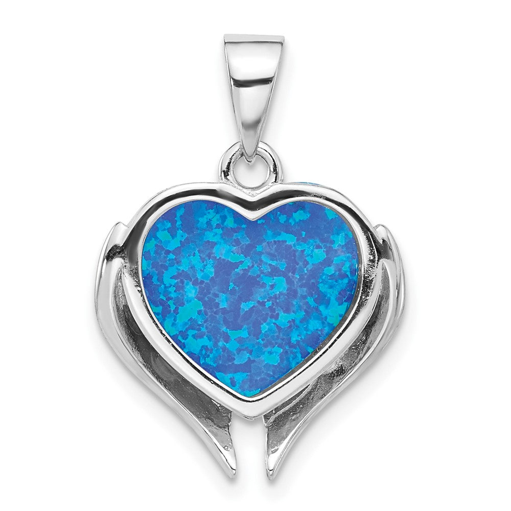 Sterling Silver Rhodium-Plated Blue Created Opal Heart with Wings Pendant