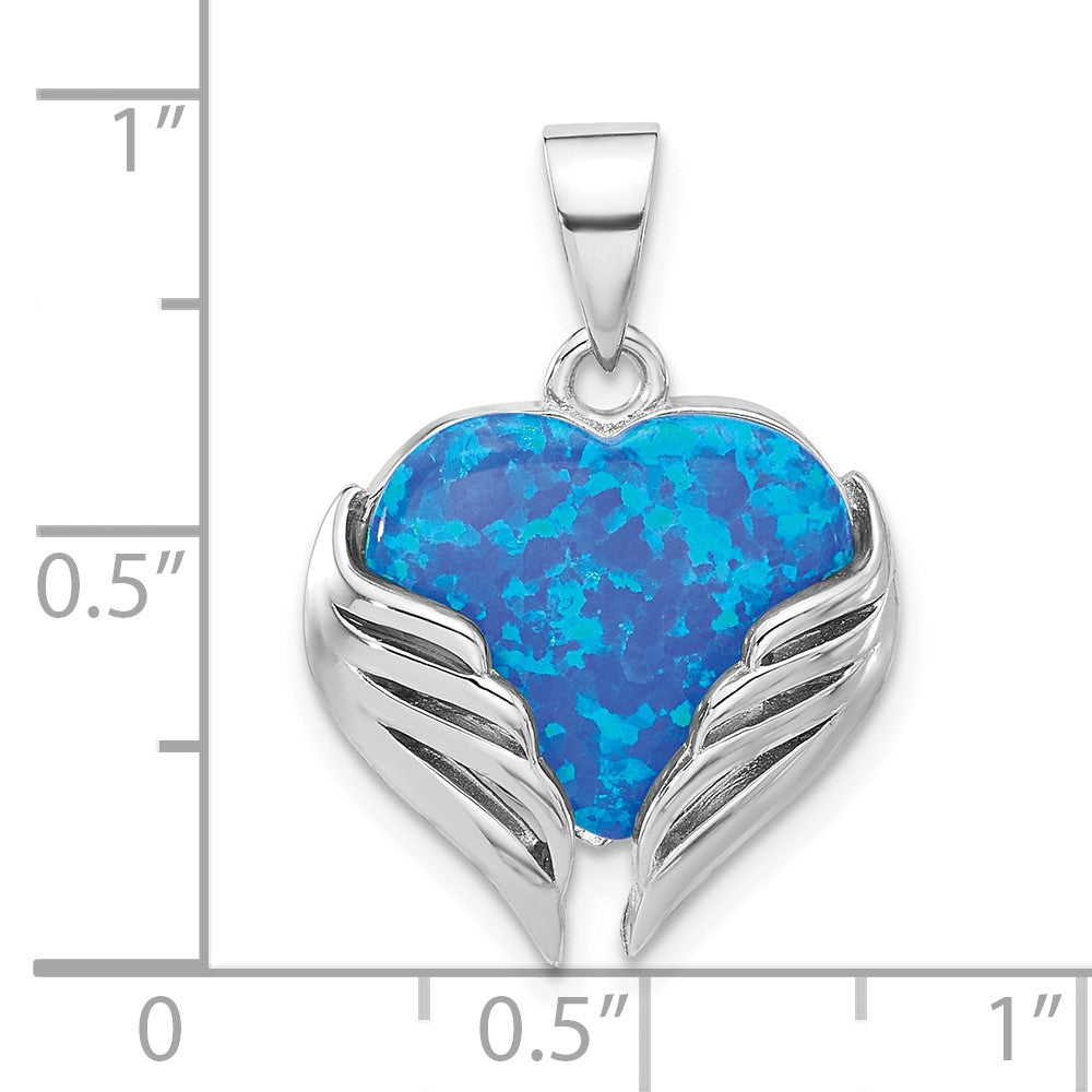 Sterling Silver Rhodium-Plated Blue Created Opal Heart with Wings Pendant