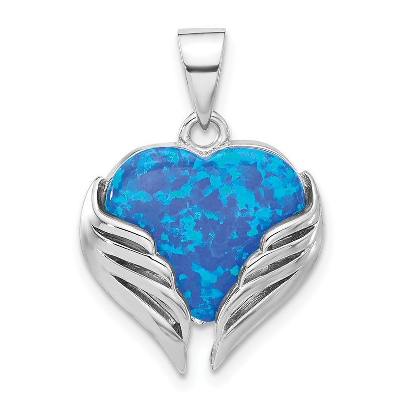 Sterling Silver Rhodium-Plated Blue Created Opal Heart with Wings Pendant