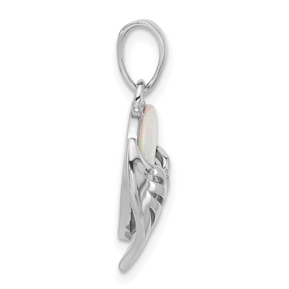 Sterling Silver Rhodium-Plated White Created Opal Heart Wings Pendant