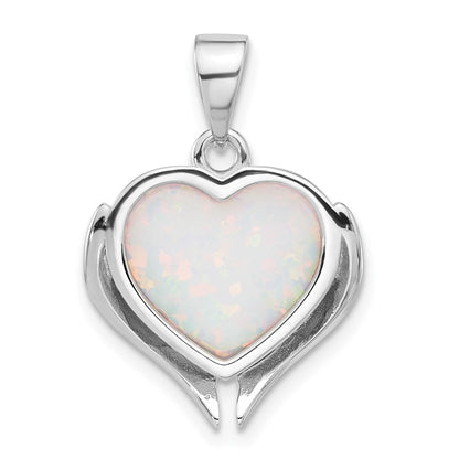 Sterling Silver Rhodium-Plated White Created Opal Heart Wings Pendant