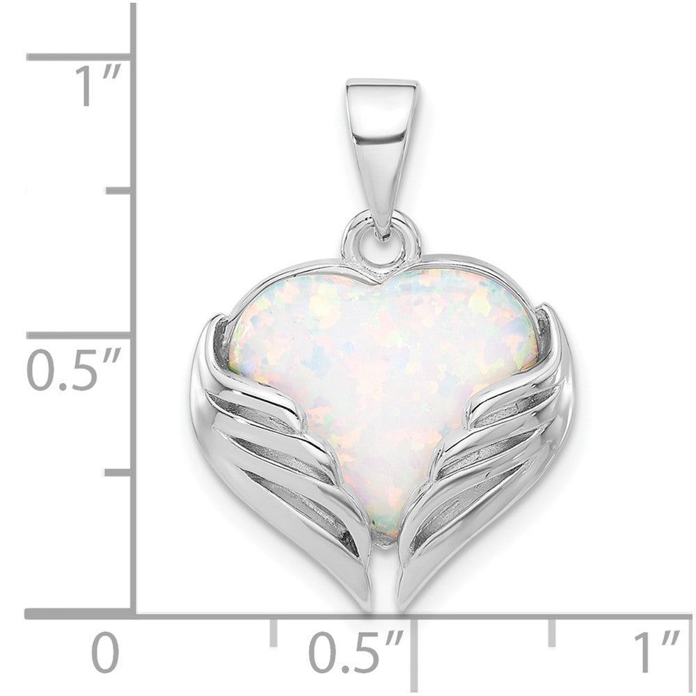 Sterling Silver Rhodium-Plated White Created Opal Heart Wings Pendant