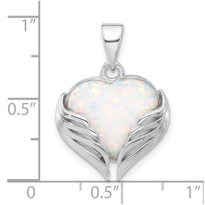 Sterling Silver Rhodium-Plated White Created Opal Heart Wings Pendant