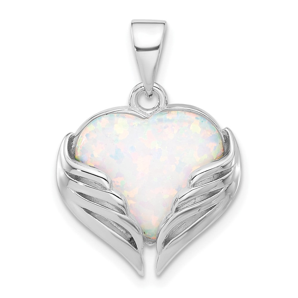 Sterling Silver Rhodium-Plated White Created Opal Heart Wings Pendant