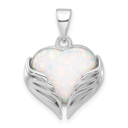 Sterling Silver Rhodium-Plated White Created Opal Heart Wings Pendant