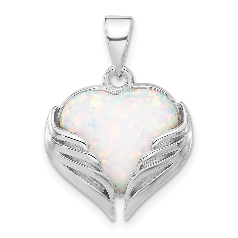 Sterling Silver Rhodium-Plated White Created Opal Heart Wings Pendant