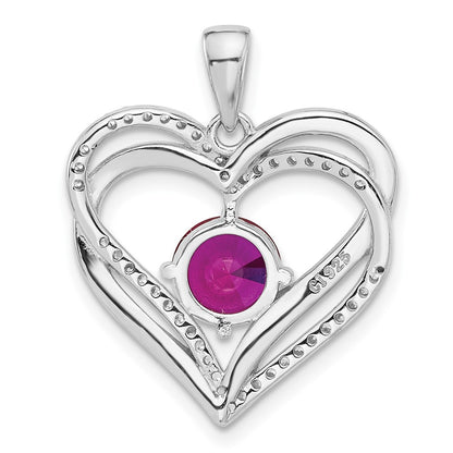 Sterling Silver Rhodium-Plated Red and White CZ Double Heart Pendant