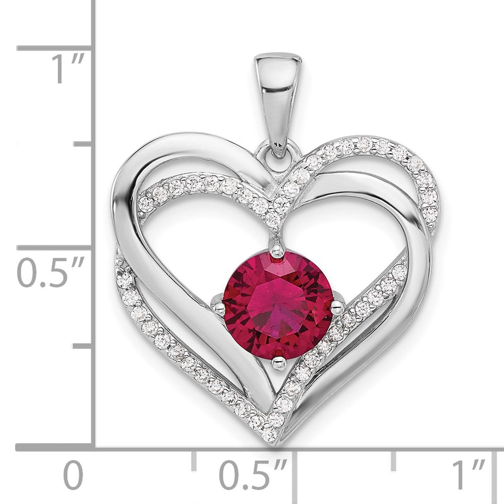 Sterling Silver Rhodium-Plated Red and White CZ Double Heart Pendant