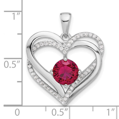 Sterling Silver Rhodium-Plated Red and White CZ Double Heart Pendant